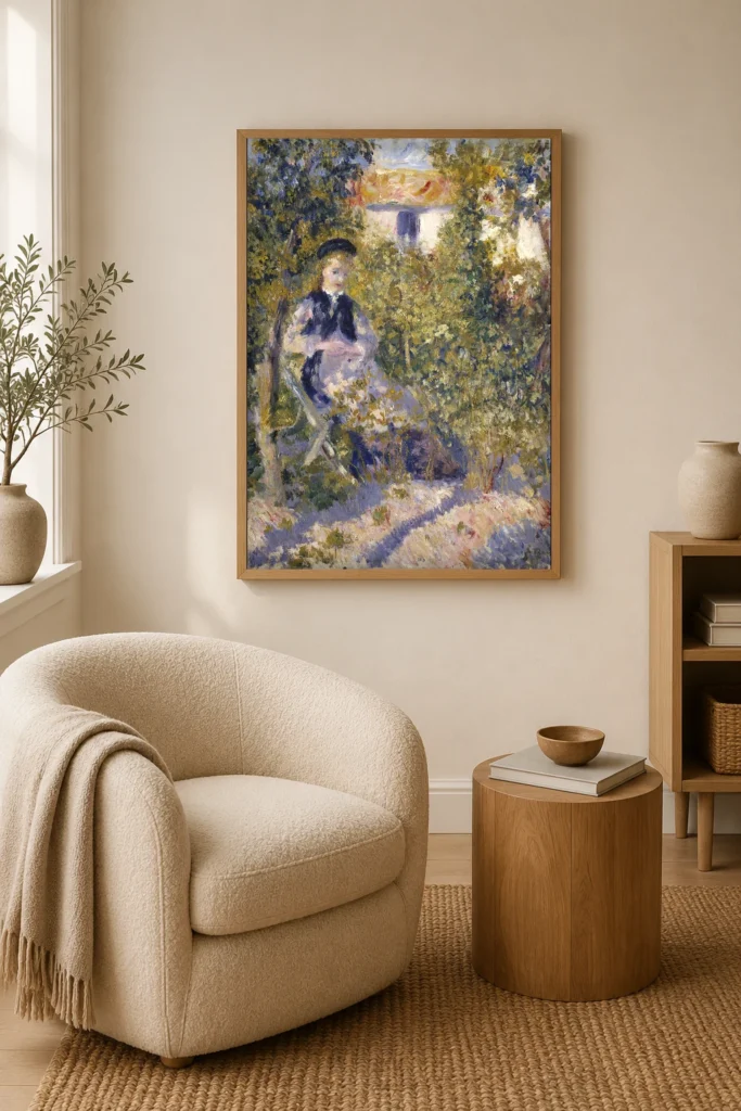 Framed print of Nini in the Garden (Nini Lopez) hanging on a wall in a furnished room