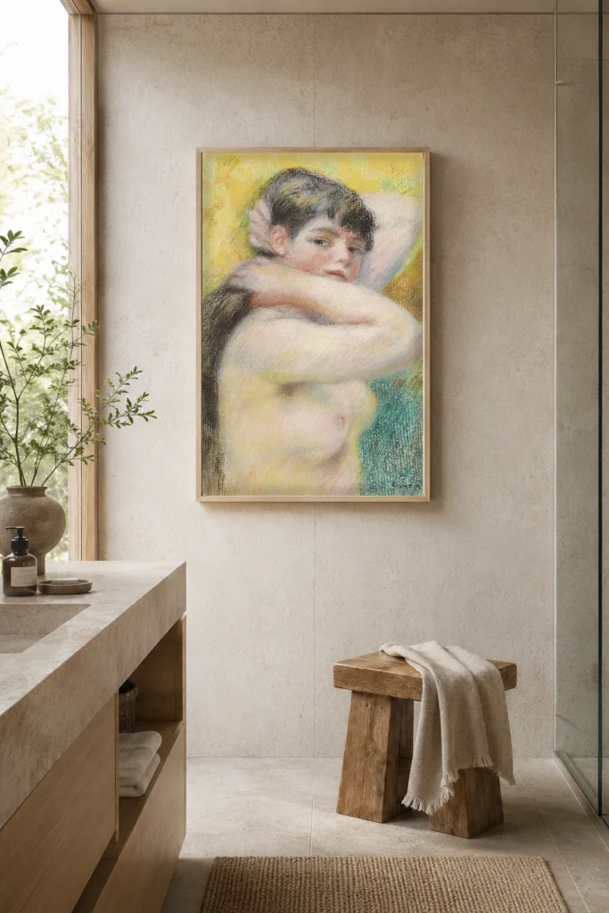 Framed print of Nude Arranging Her Hair hanging on a wall in a furnished room