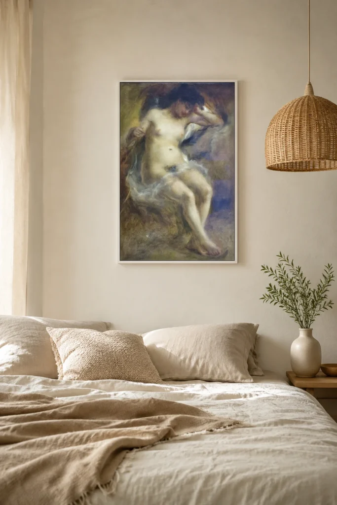 Framed print of Seated Nude hanging on a wall in a furnished room