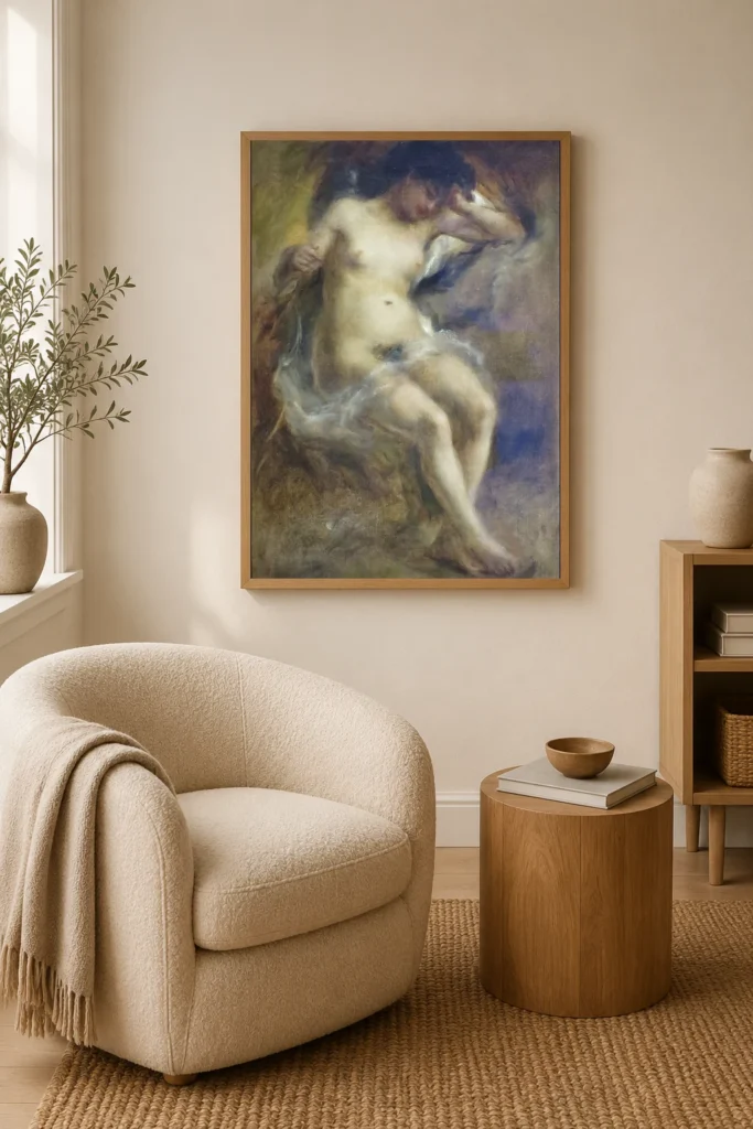 Framed print of Seated Nude hanging on a wall in a furnished room