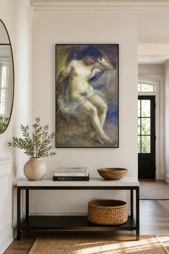 Framed print of Seated Nude hanging on a wall in a furnished room