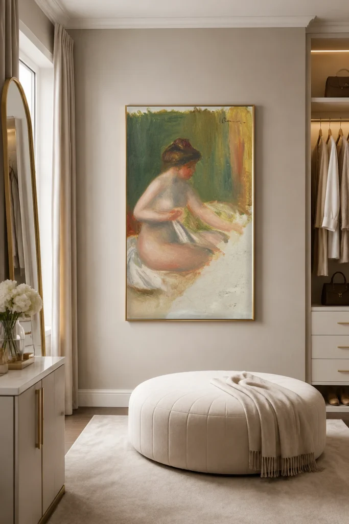 Framed print of Seated Nude hanging on a wall in a furnished room