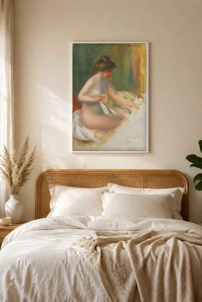 Framed print of Seated Nude hanging on a wall in a furnished room