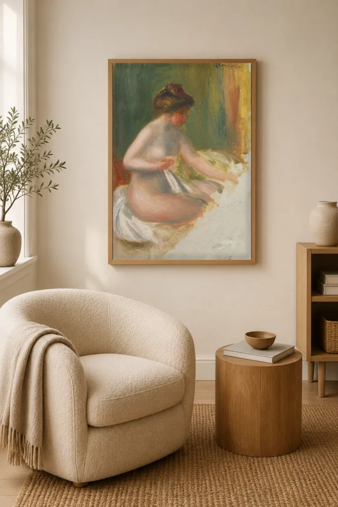 Framed print of Seated Nude hanging on a wall in a furnished room