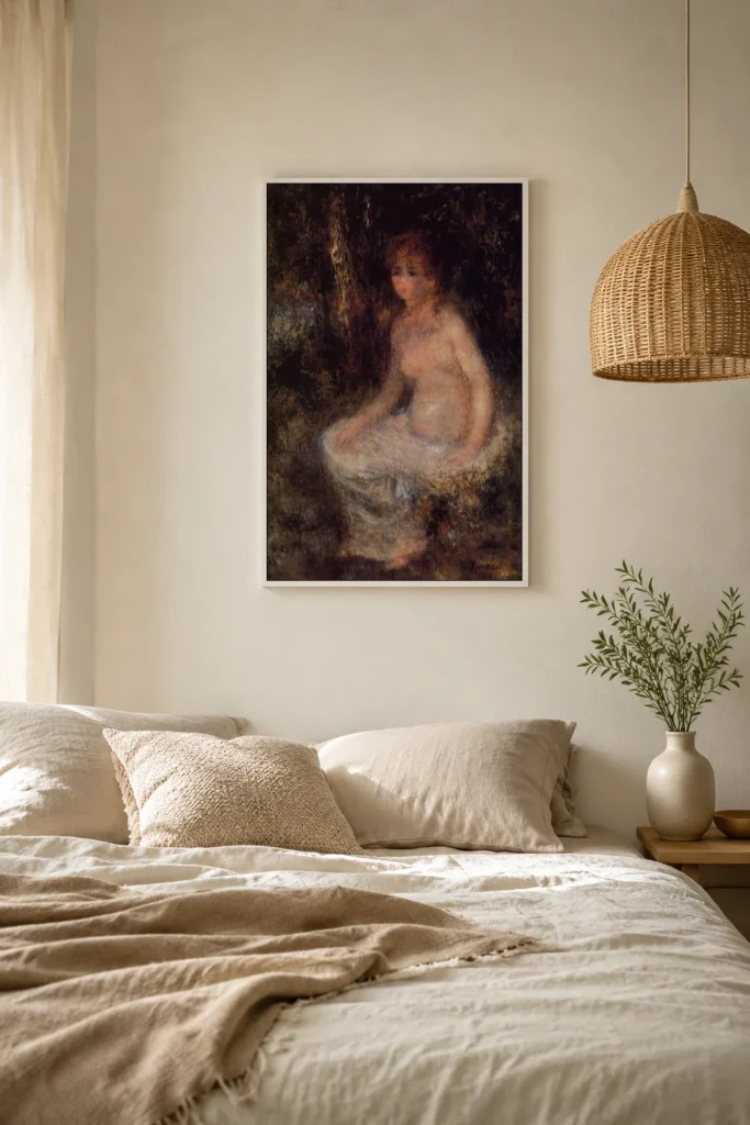 Framed print of Seated Nude in the Forest hanging on a wall in a furnished room