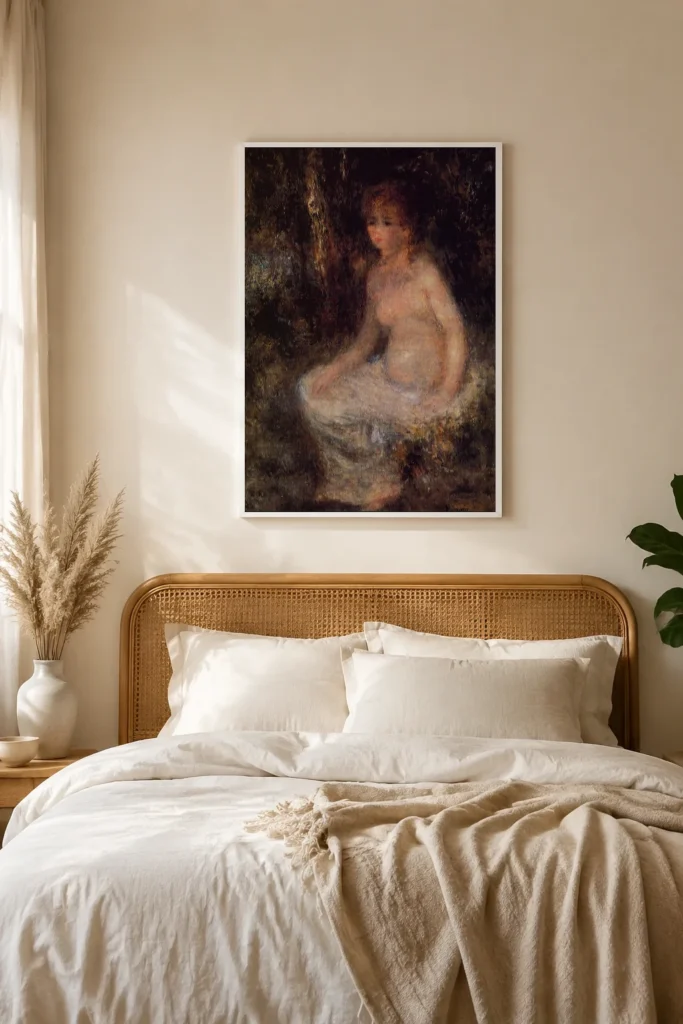 Framed print of Seated Nude in the Forest hanging on a wall in a furnished room