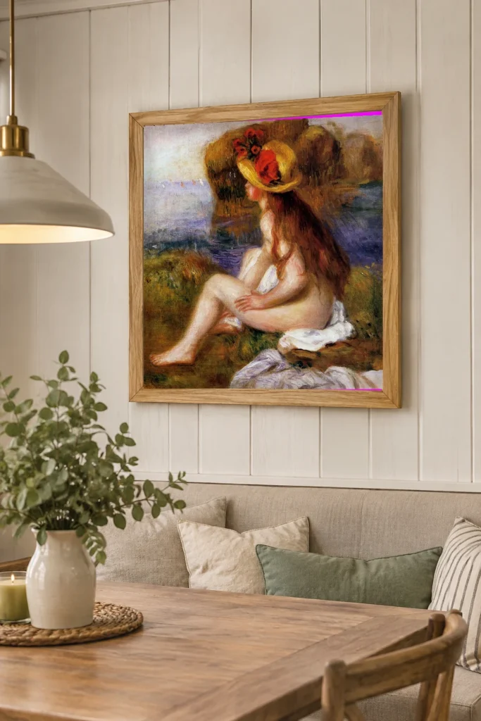 Framed print of Nude with Straw Hat hanging on a wall in a furnished room