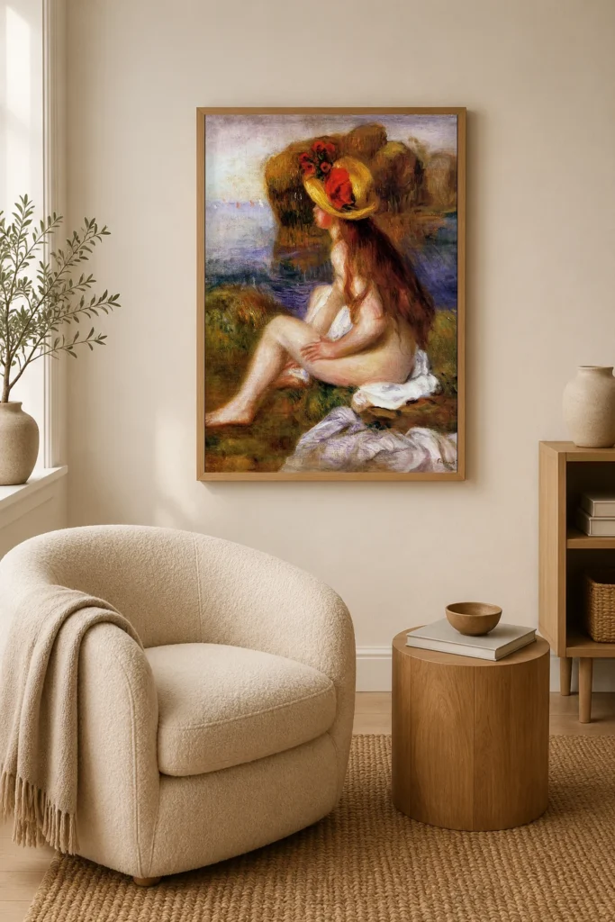Framed print of Nude with Straw Hat hanging on a wall in a furnished room