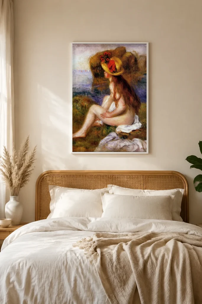 Framed print of Nude with Straw Hat hanging on a wall in a furnished room