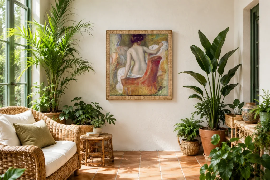 Framed print of Nude in Armchair hanging on a wall in a furnished room