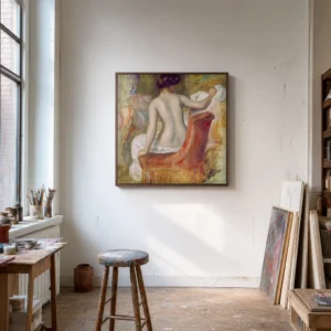 Framed print of Nude in Armchair hanging on a wall in a furnished room