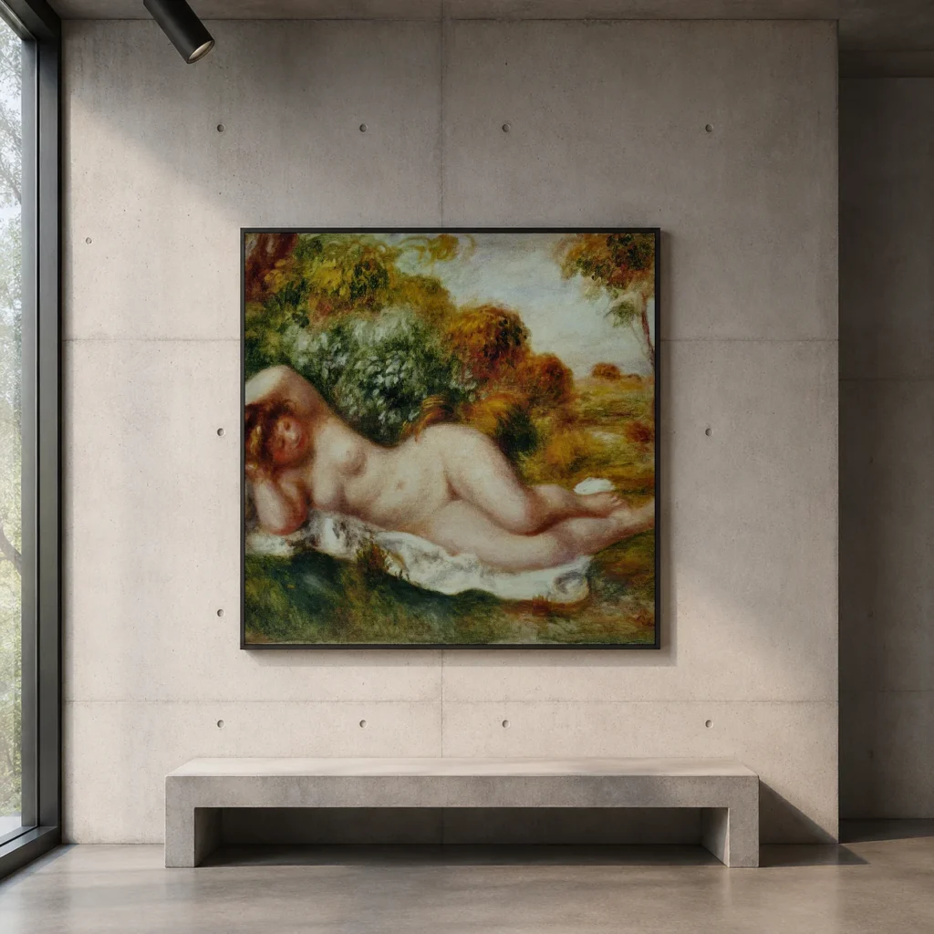Framed print of Nu couché (La Boulangère) hanging on a wall in a furnished room