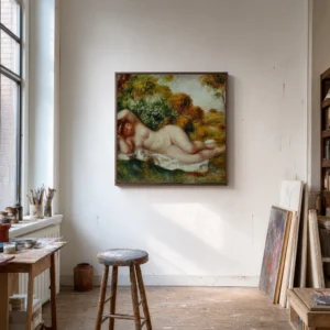 Framed print of Nu couché (La Boulangère) hanging on a wall in a furnished room