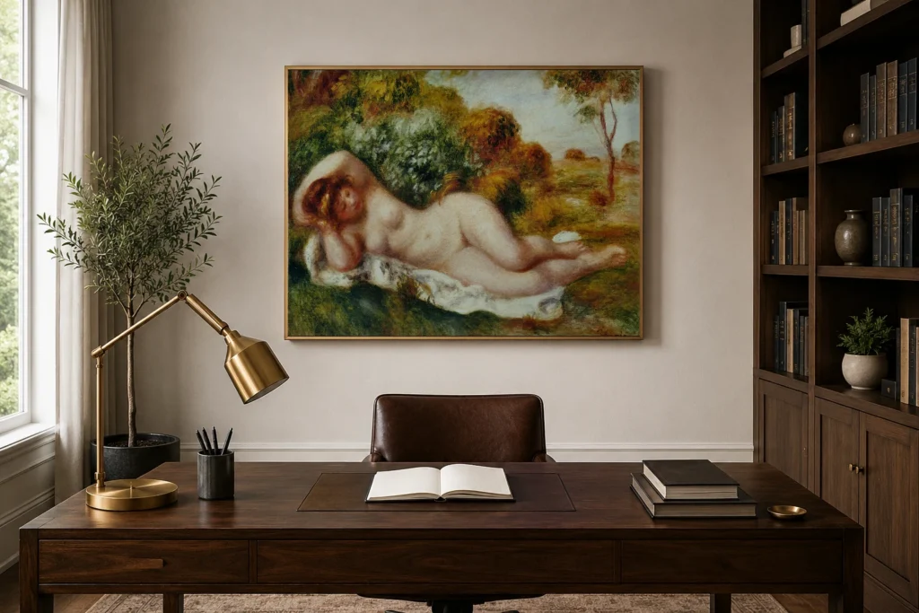 Framed print of Nu couché (La Boulangère) hanging on a wall in a furnished room
