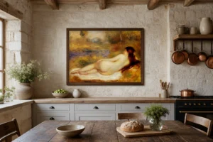 Framed print of Reclining Nude on the Grass hanging on a wall in a furnished room