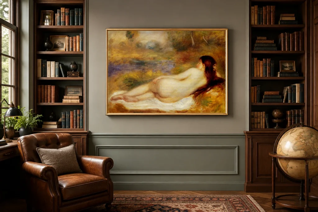 Framed print of Reclining Nude on the Grass hanging on a wall in a furnished room