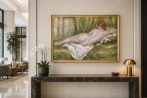 Framed print of Nu couché, vu de dos hanging on a wall in a furnished room
