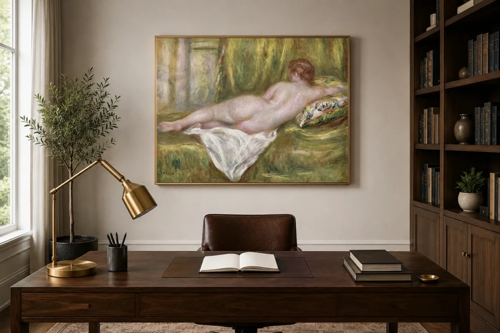 Framed print of Nu couché, vu de dos hanging on a wall in a furnished room