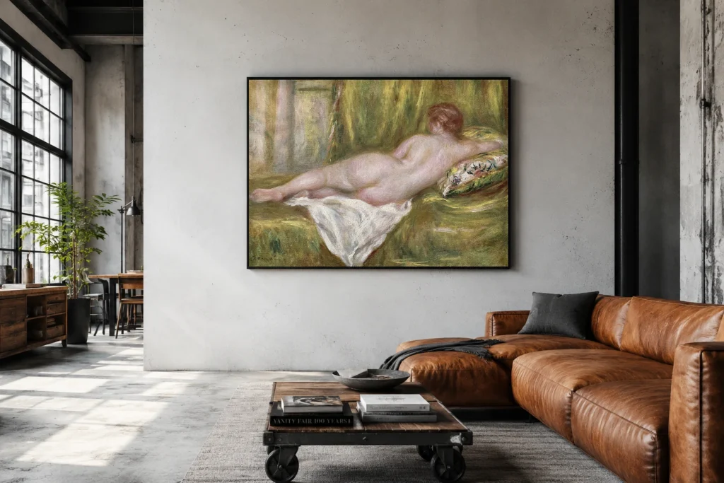 Framed print of Nu couché, vu de dos hanging on a wall in a furnished room