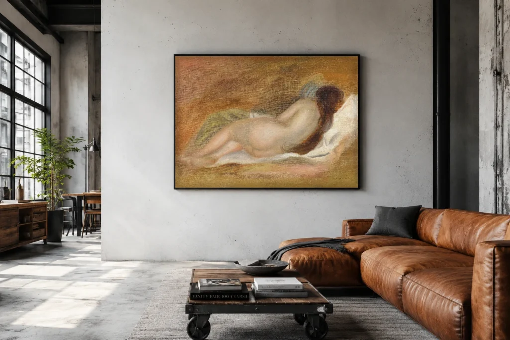 Framed print of Reclining Nude, Seen from the Back, on Ocher Background hanging on a wall in a furnished room