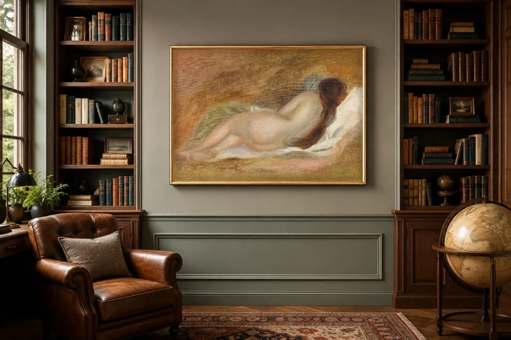 Framed print of Reclining Nude, Seen from the Back, on Ocher Background hanging on a wall in a furnished room