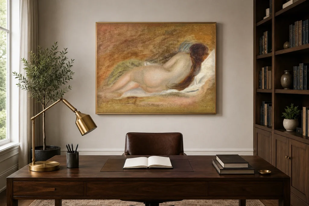 Framed print of Reclining Nude, Seen from the Back, on Ocher Background hanging on a wall in a furnished room