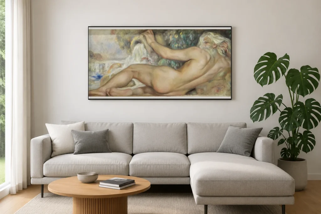 Framed print of Male Nude in a Landscape, Also Called The River hanging on a wall in a furnished room