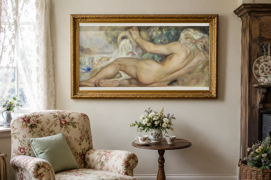 Framed print of Male Nude in a Landscape, Also Called The River hanging on a wall in a furnished room