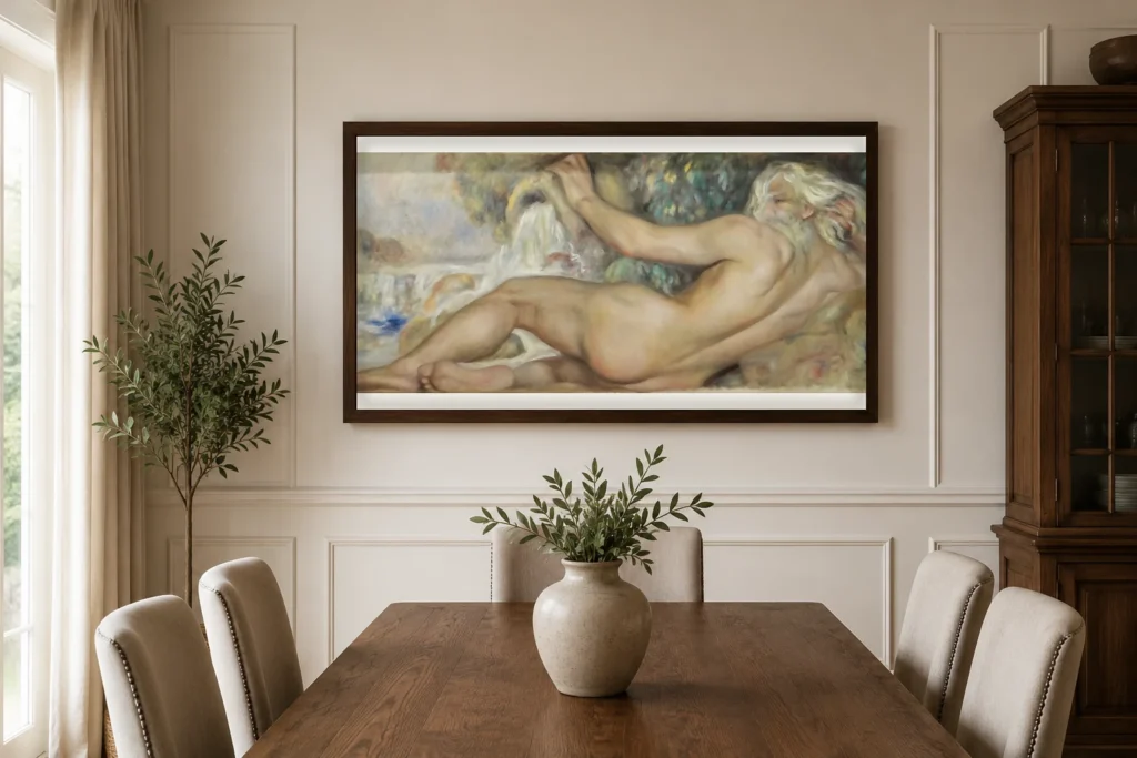 Framed print of Male Nude in a Landscape, Also Called The River hanging on a wall in a furnished room