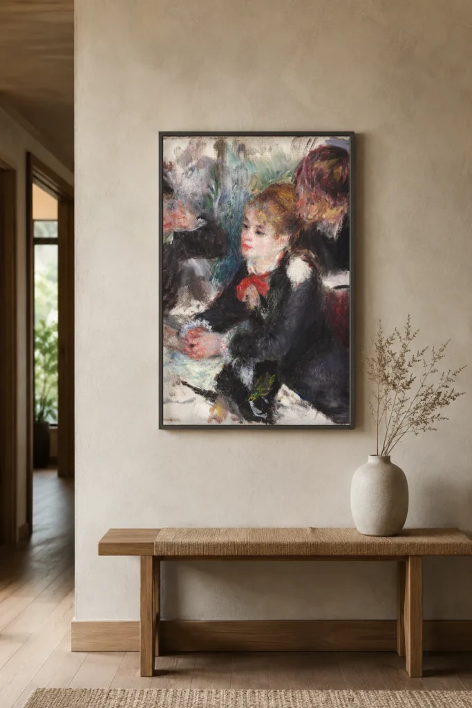 Framed print of At the Milliner’s hanging on a wall in a furnished room