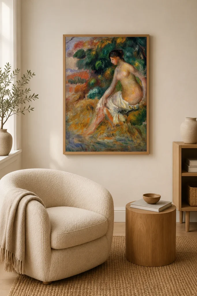 Framed print of Nude in the Greenery hanging on a wall in a furnished room