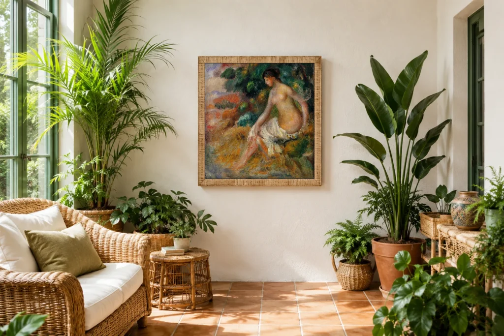 Framed print of Nude in the Greenery hanging on a wall in a furnished room