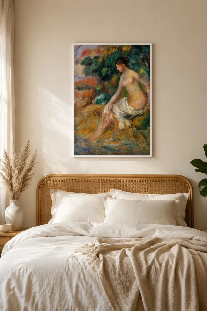 Framed print of Nude in the Greenery hanging on a wall in a furnished room