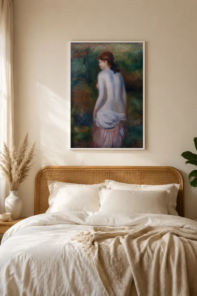 Framed print of Nude in a Landscape hanging on a wall in a furnished room