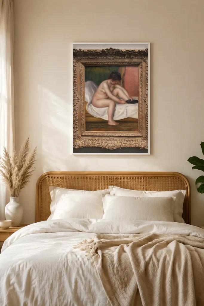 Framed print of Nude hanging on a wall in a furnished room
