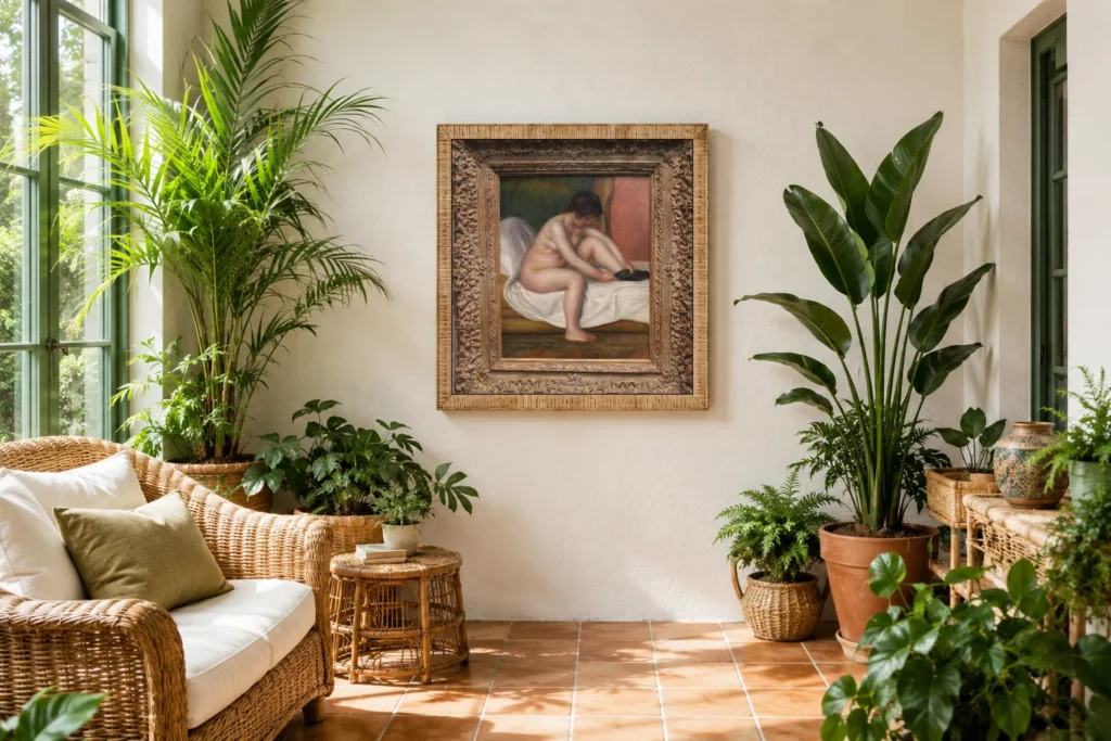 Framed print of Nude hanging on a wall in a furnished room
