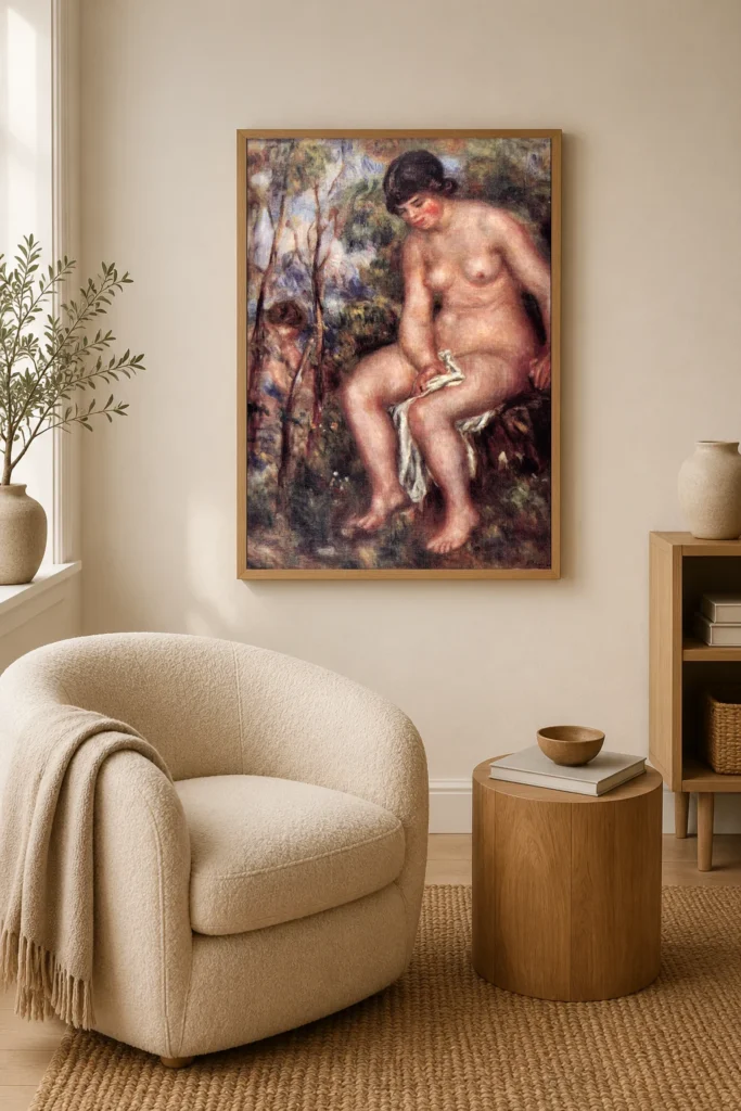 Framed print of Nude hanging on a wall in a furnished room