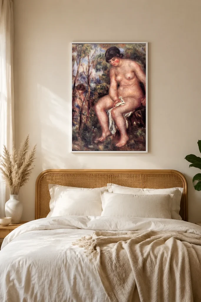Framed print of Nude hanging on a wall in a furnished room