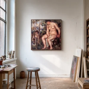 Framed print of Nude hanging on a wall in a furnished room