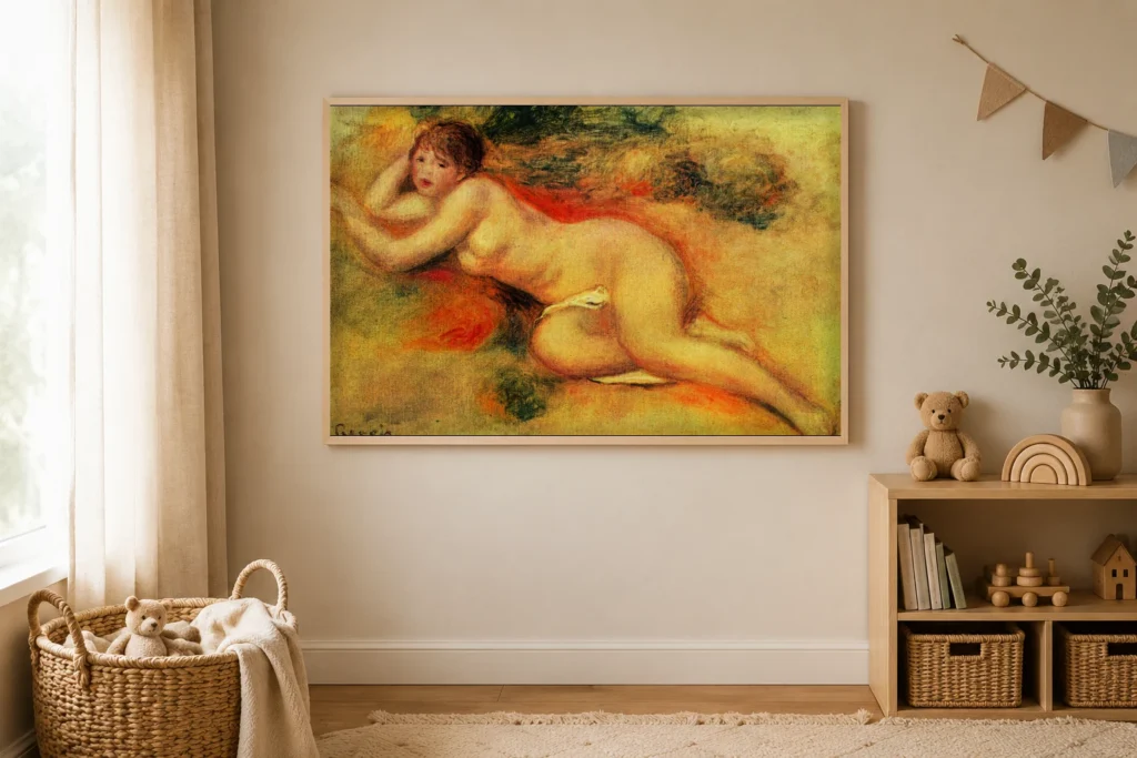 Framed print of Nude Figure of a Girl hanging on a wall in a furnished room