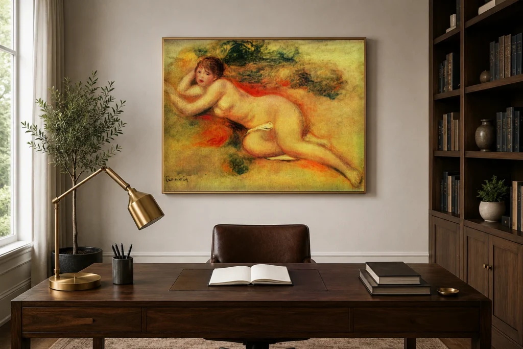Framed print of Nude Figure of a Girl hanging on a wall in a furnished room