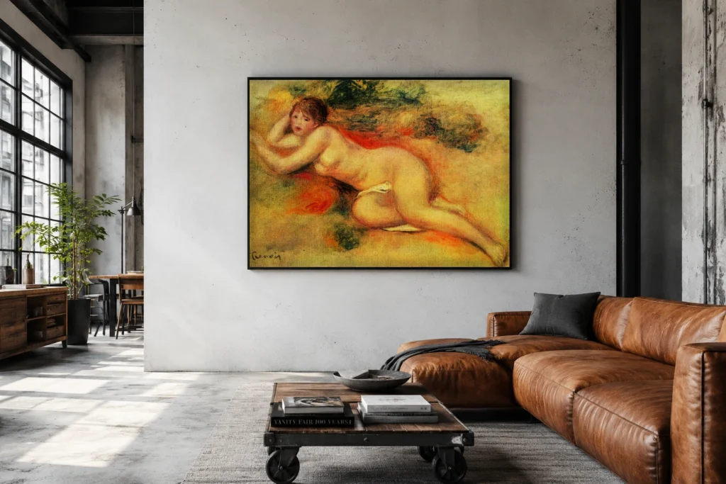 Framed print of Nude Figure of a Girl hanging on a wall in a furnished room