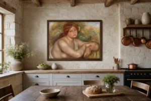 Framed print of Nude Study, Bust of a Woman (Étude de nu, buste de femme) hanging on a wall in a furnished room