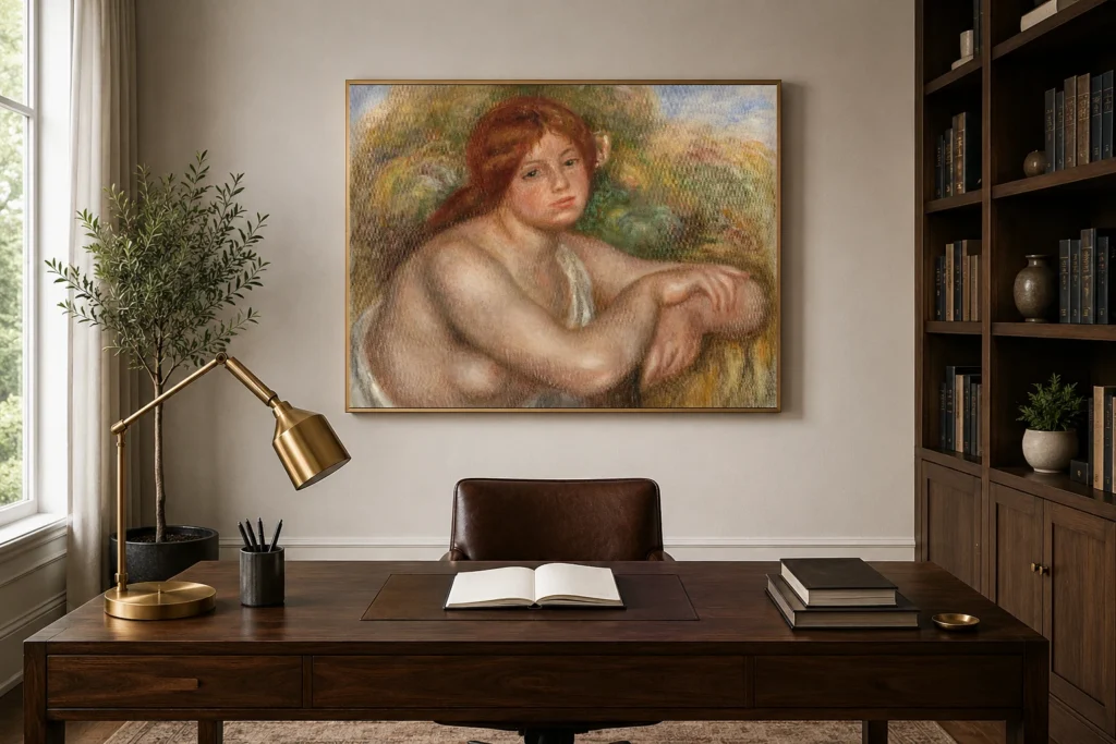 Framed print of Nude Study, Bust of a Woman (Étude de nu, buste de femme) hanging on a wall in a furnished room