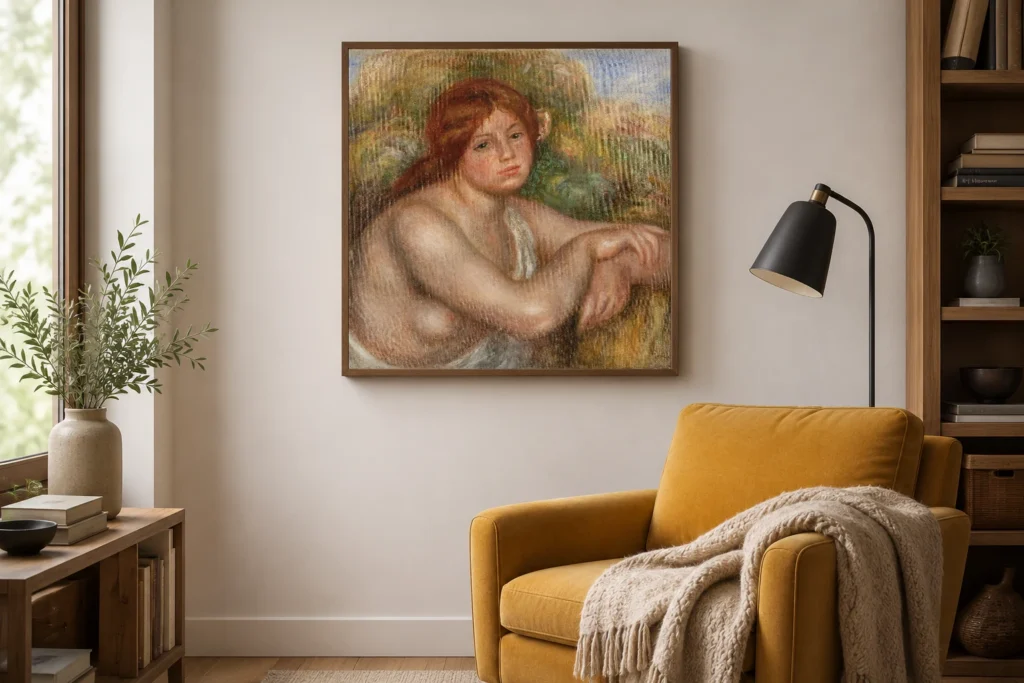Framed print of Nude Study, Bust of a Woman (Étude de nu, buste de femme) hanging on a wall in a furnished room