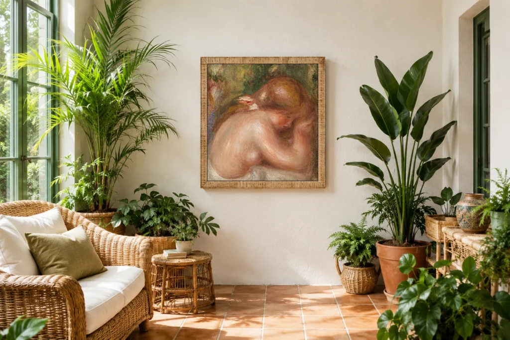 Framed print of Nude Torso of Young Girl (Torse nu de jeune fille) hanging on a wall in a furnished room