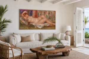 Framed print of Nude Woman Reclining (Femme nue couchée sur le dos) hanging on a wall in a furnished room