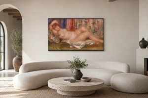 Framed print of Nude Woman Reclining (Femme nue couchée sur le dos) hanging on a wall in a furnished room