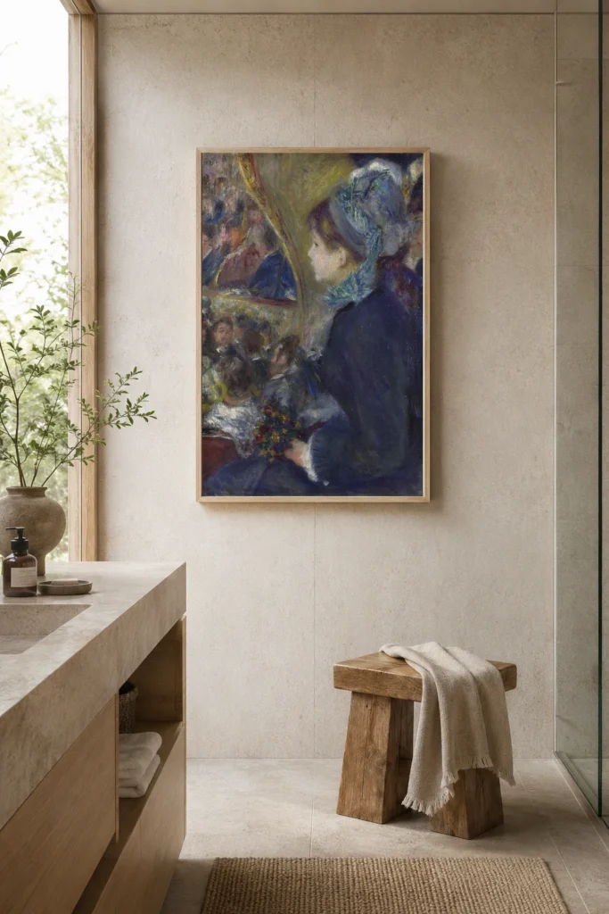 Framed print of At the Theatre (La Première Sortie) hanging on a wall in a furnished room