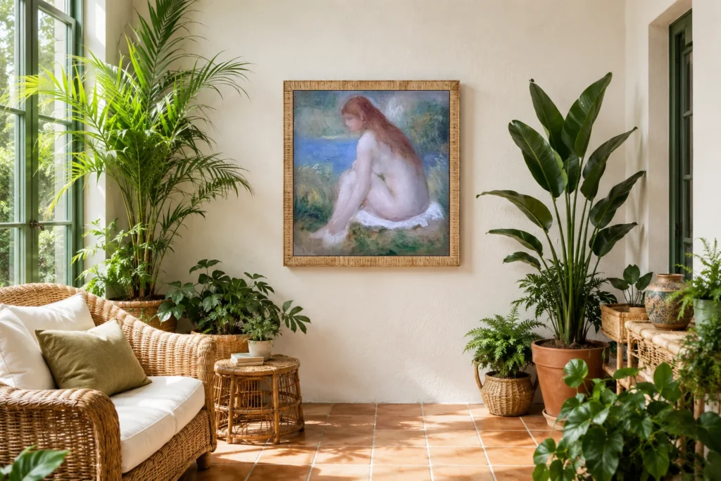 Framed print of Nude Woman Sitting hanging on a wall in a furnished room